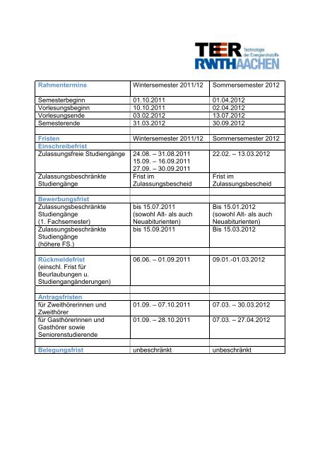 Rahmentermine Wintersemester 2011/12 Sommersemester 2012 ...