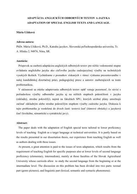 adaptácia anglických odborných textov a jazyka - Slovenská ...