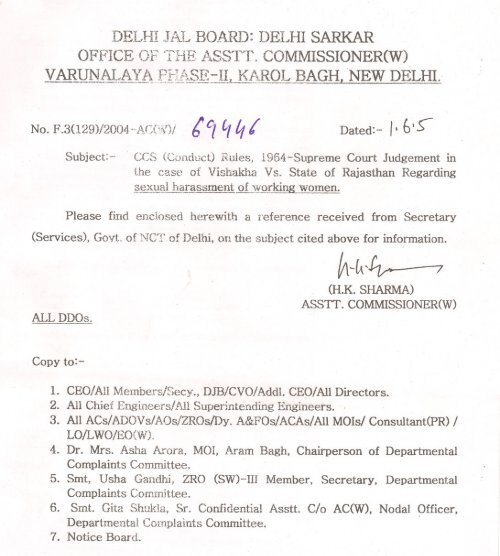Regarding Sexual Harassment Of Working Women Delhi Jal Board