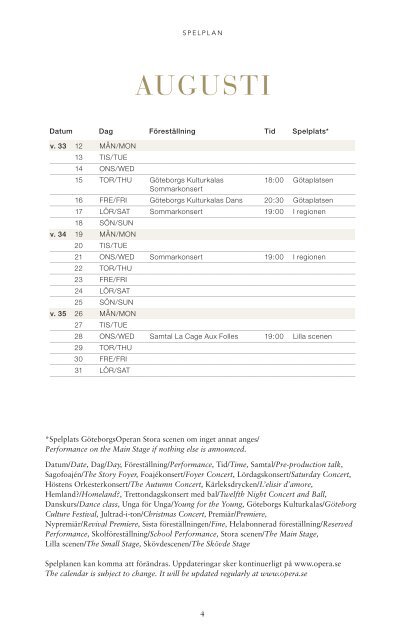 GöteborgsOperan - Spelplan, augusti 2013 - januari 2014