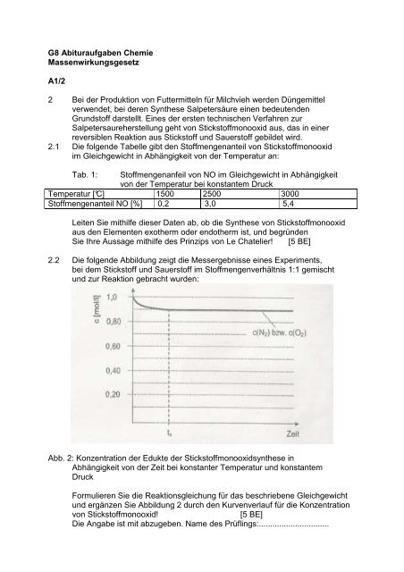 G8 Abituraufgaben Chemie Massenwirkungsgesetz A1/2 2 Bei der ...