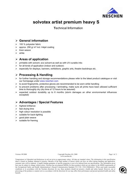 Data Sheet - solvotex artist premium heavy S - Neschen