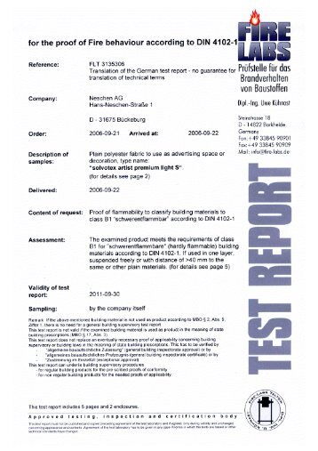 Certificate B1 - solvotex artist premium light S - Neschen