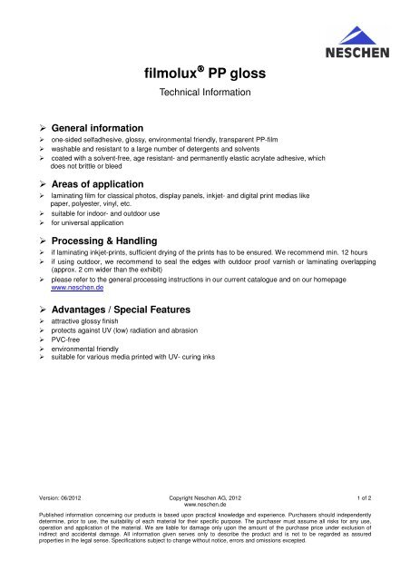 Data Sheet - filmolux PP gloss - Neschen