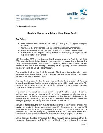 CordLife Opens New Jakarta Cord Blood Facility