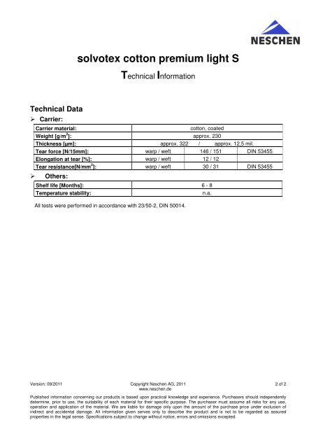 solvotex cotton premium light S Technical Information - Neschen