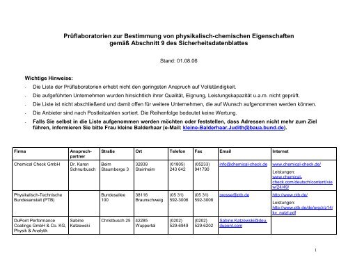 Prüflaboratorien zur Bestimmung von physikalisch- chemischen ...