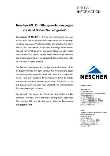 Ermittlungsverfahren gegen Vorstand Stefan Zinn ... - Neschen