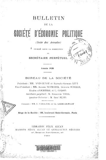 Bulletin de la Société d'économie politique. 1920. - David Hart