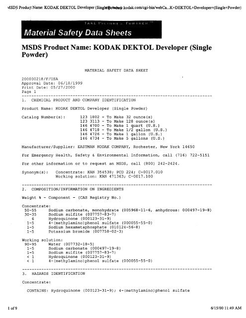 KODAK DEKTOL Developer - Material Safety Data Sheet