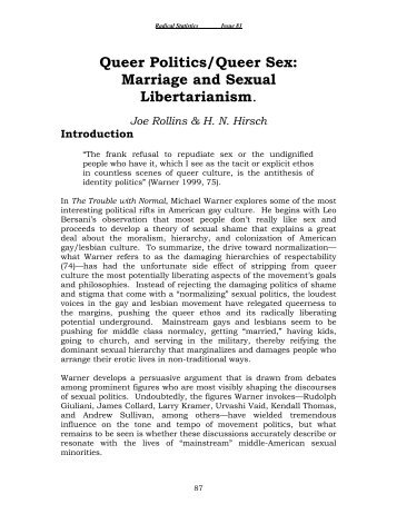 Queer politics/Queer sex: Marriage and sexual libertarianism