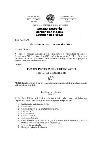 Ligji Nr.2004/37 PËR INSPEKSIONIN E ARSIMIT NË KOSOVË Kuve