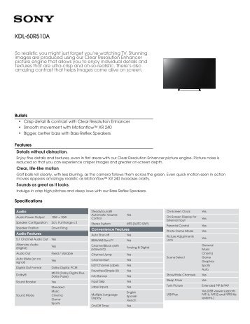 Sony KDL-60R510A - Marketing Specifications