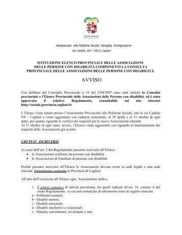 Avviso di iscrizione Elenco Consulta - Sociale - Provincia di Cagliari