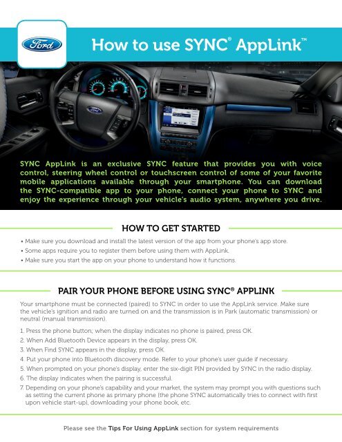 Ford Fusion 2012 - SYNC AppLink Quick Reference Guide Printing 1 (pdf)