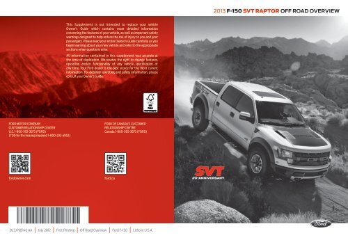Ford F-150 6.2 Liter Lariat 2013 - F-150 Raptor Off Road Overview Quick Reference Guide Printing 1 (pdf)
