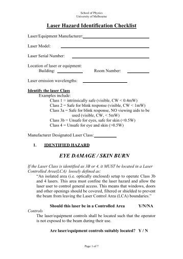 Laser Hazard Identification Checklist EYE ... - School of Physics