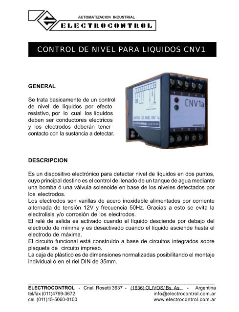 CONTROL DE NIVEL PARA LIQUIDOS CNV1