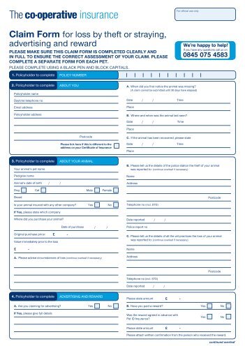 Loss by theft or straying advertising and reward claim form - The Co ...