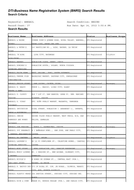 DTI Business Name Registration System BNRS Search Results