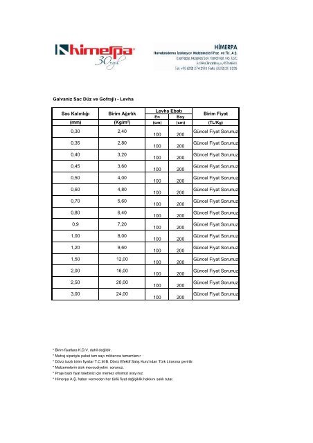 AlÃ¼minyum ve Galvaniz Sac Fiyat Listesi 2010 - Himerpa