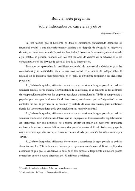 Bolivia: siete preguntas sobre hidrocarburos, carreteras y otros1