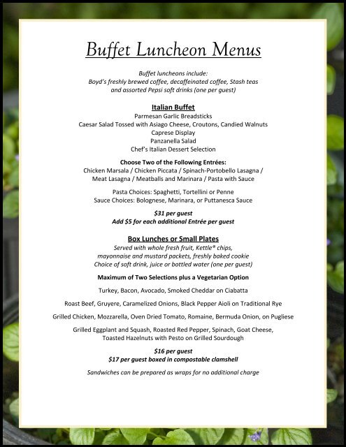 Buffet Luncheon Menus - Oregon Zoo