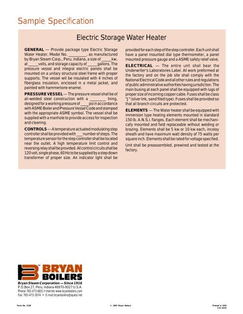 Bryan Electric Storage Water Heaters