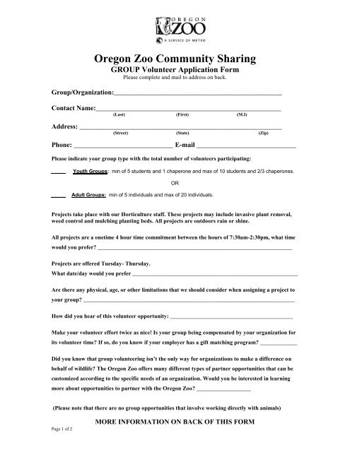 GROUP Volunteer Application - Oregon Zoo GROUP Volunteer Application - Oregon Zoo