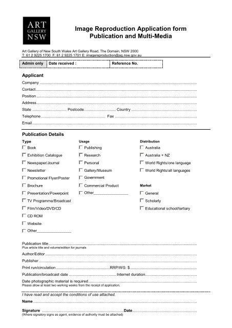 Image Reproduction Application form Publication and Multi-Media