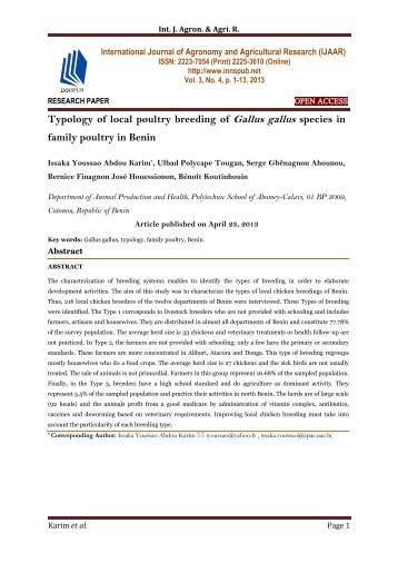 Typology of local poultry breeding of Gallus gallus species in family poultry in Benin