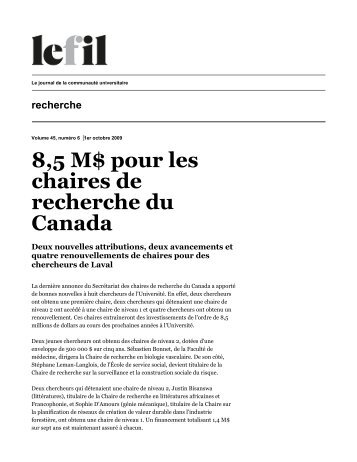 8,5 M$ pour les Chaires de recherche du Canada. Deux nouvelles ...