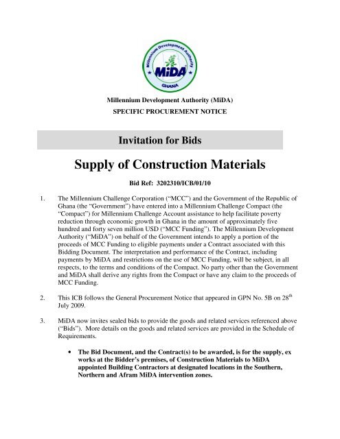 Invitation for Bids Supply of Construction Materials - MiDA Ghana