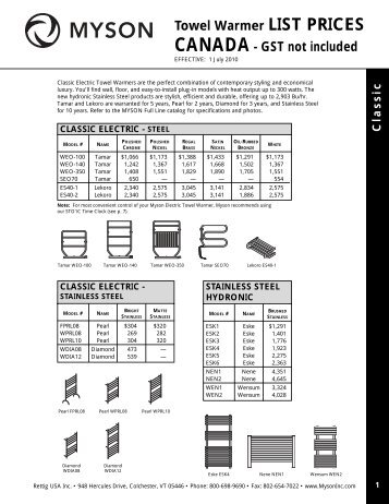 Towel Warmer LIST PRICES CANADA- GST not included - Cazbah