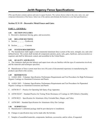 Jerith Regency Specifications PDF - Fence Center