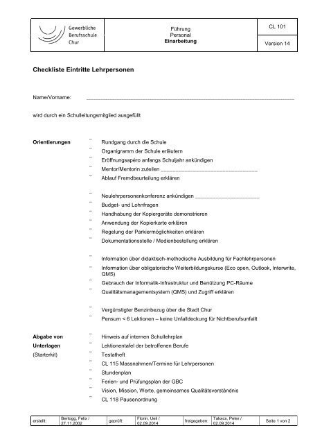 Checkliste Eintritte Lehrpersonen