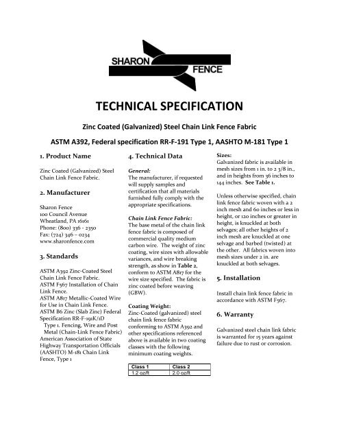 TECHNICAL SPECIFICATION - Sharon Fence