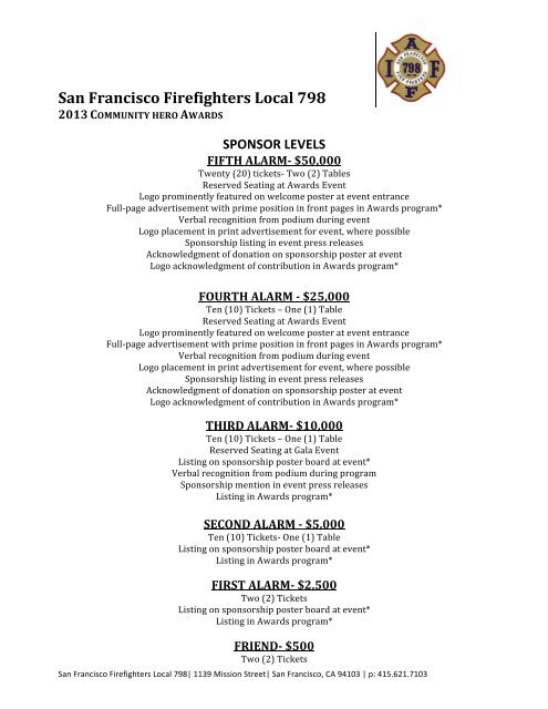 sponsor levels - San Francisco Firefighters Local 798