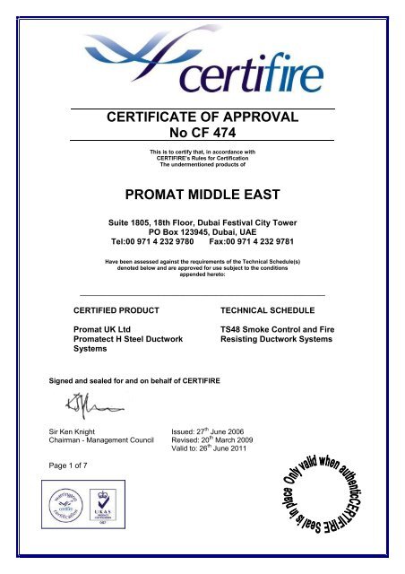 CERTIFICATE OF APPROVAL No CF 474 PROMAT ... - Himerpa