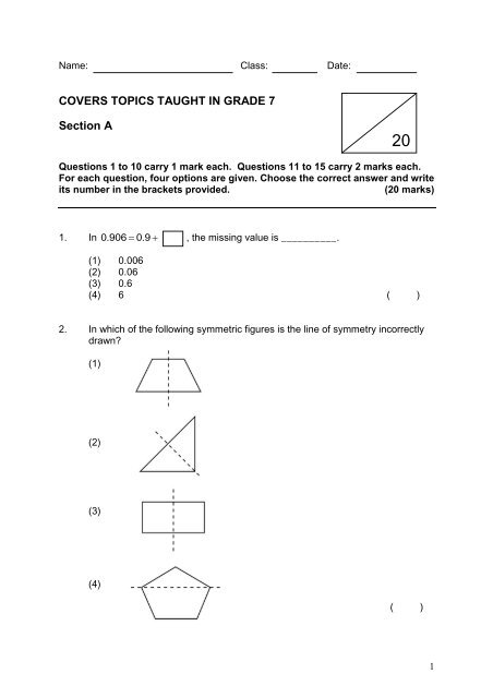 Questions 1 to 10 carry 1 mark each - Singapore Maths