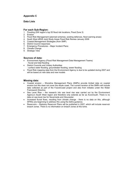 Appendix C - Data Lists - South West Regional Assembly
