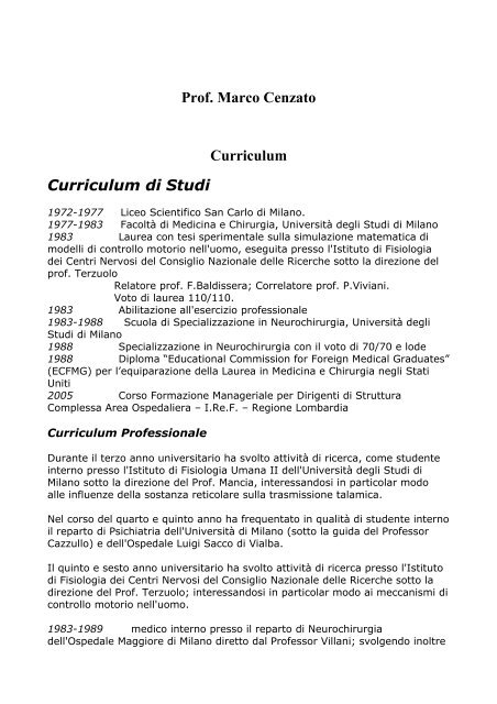 Prof. Marco Cenzato Curriculum Curriculum di Studi - Spinalcord ...