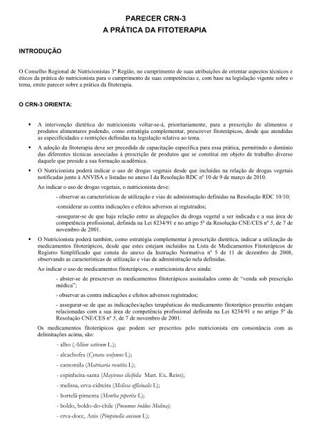 Parecer A pratica da Fitoterapia - Conselho Regional de Nutricionistas