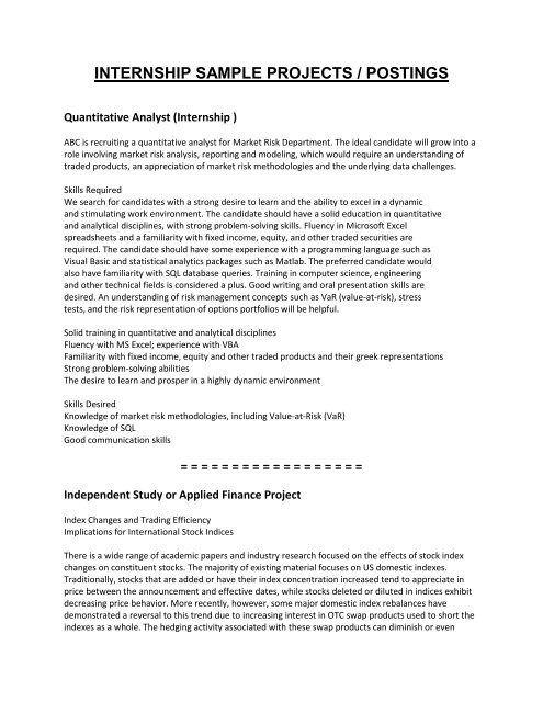 internship sample projects / postings - Master of Financial ...