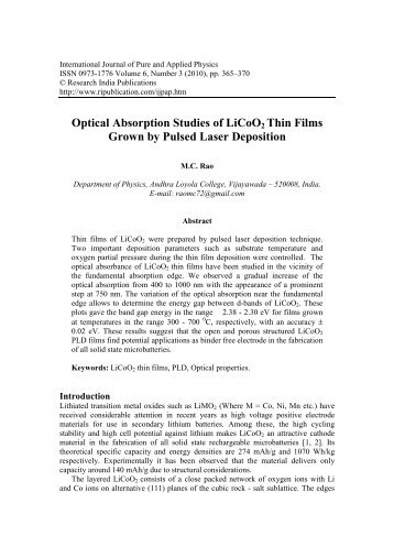 Optical Absorption Studies of LiCoO2 Thin Films Grown by Pulsed ...
