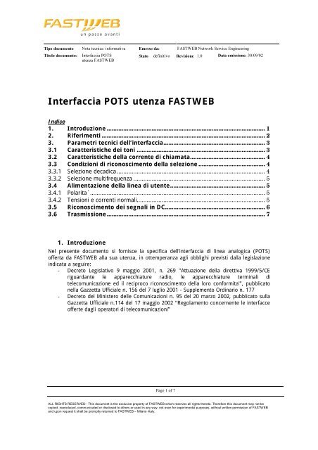 Interfaccia POTS utenza FASTWEB