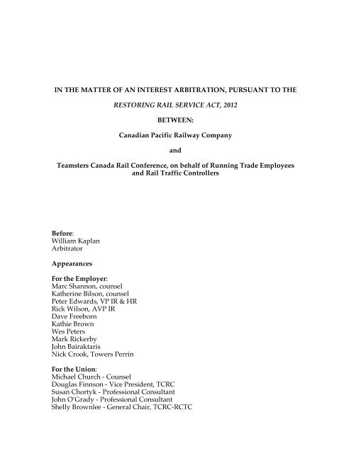 Arbitrator's ruling - TCRC General Committee of Adjustment