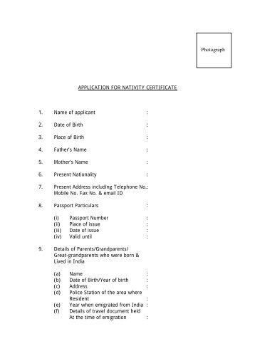 APPLICATION FOR NATIVITY CERTIFICATE