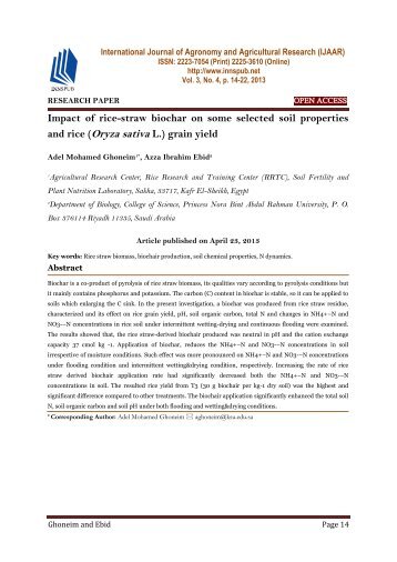 Impact of rice-straw biochar on some selected soil properties and rice (Oryza sativa L.) grain yield