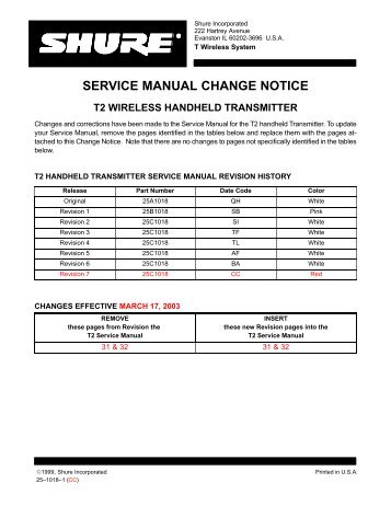 SERVICE MANUAL CHANGE NOTICE